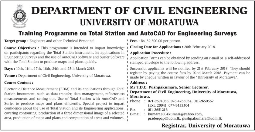 Training Programme on Total Station & AutoCAD for Engineering Surveys - Department of Civil Engineering - University of Moratuwa